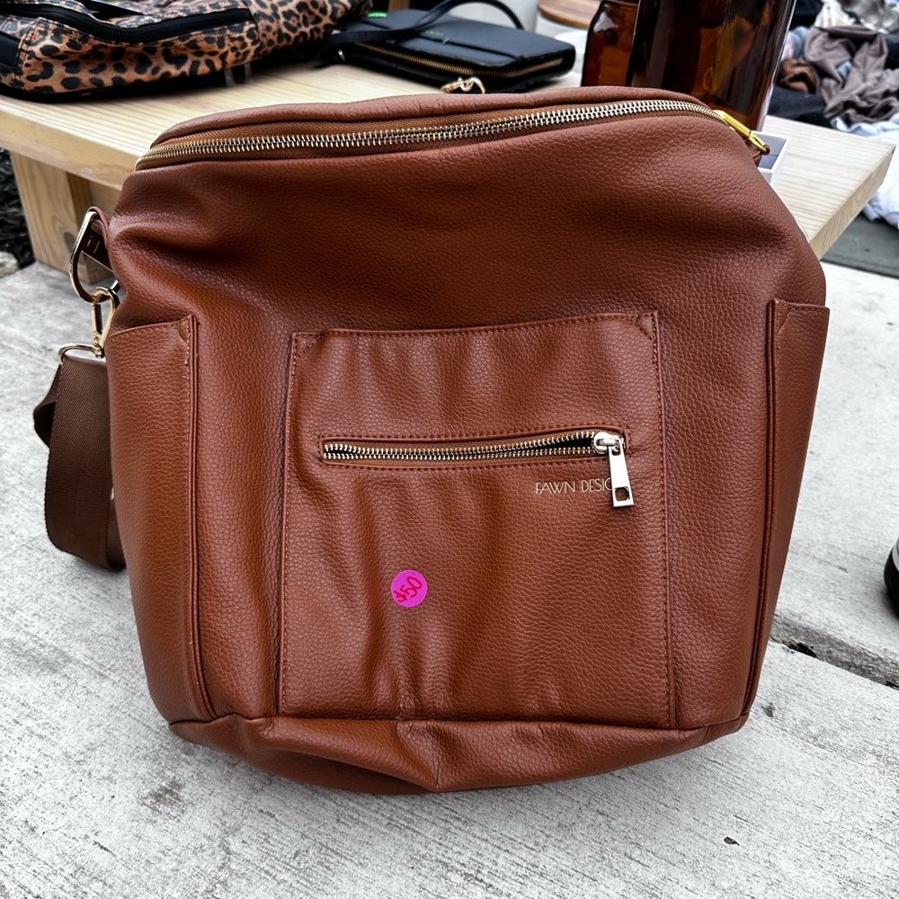 Fawn Design brown diaper bag. Early design. No pocket for backpack straps